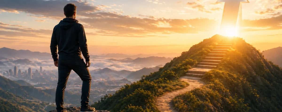 Man stands on a rocky ledge, gazing toward a hill with stairs and a glowing upward arrow at sunrise, symbolizing progress or aim.