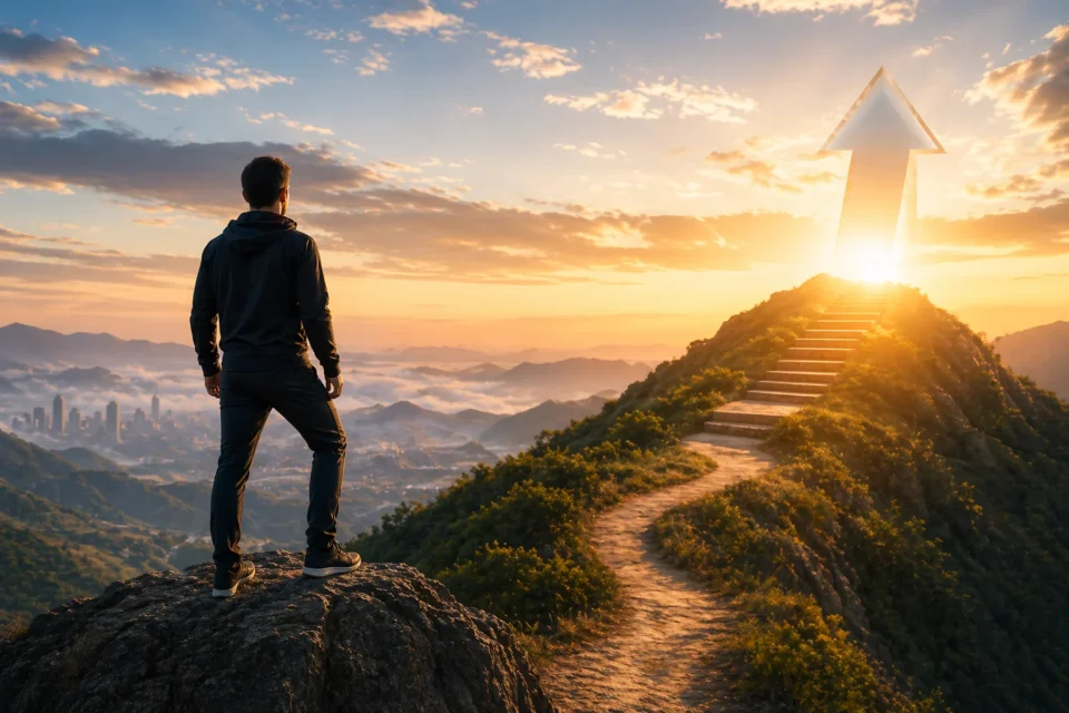 Man stands on a rocky ledge, gazing toward a hill with stairs and a glowing upward arrow at sunrise, symbolizing progress or aim.
